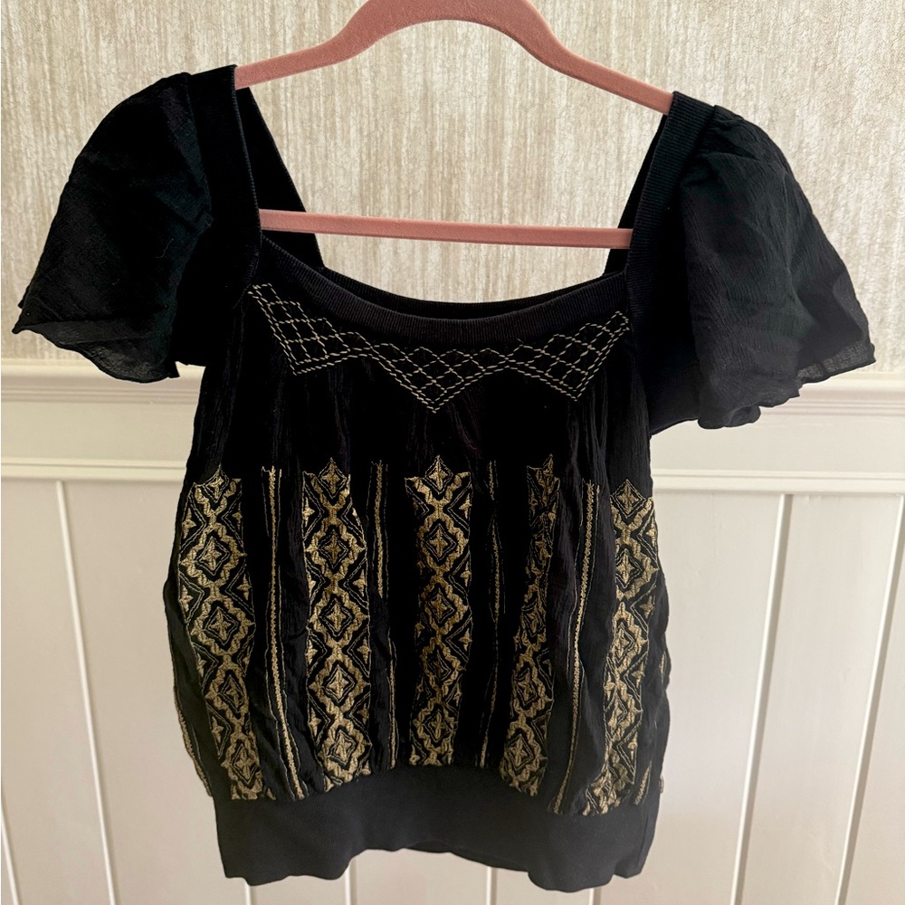 Free People Black and Tan Ruffled Puff Sleeve Blouse